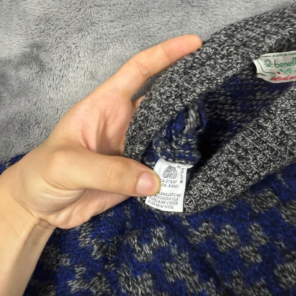 Benetton Sweater Mens 46 Blue Excellent Shetland Wool Geometric Mock Neck Italy